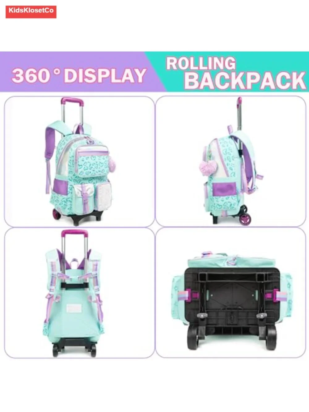 Girls Rolling Backpack with Wheels - Kawaii Carry On Luggage for School, Lunch